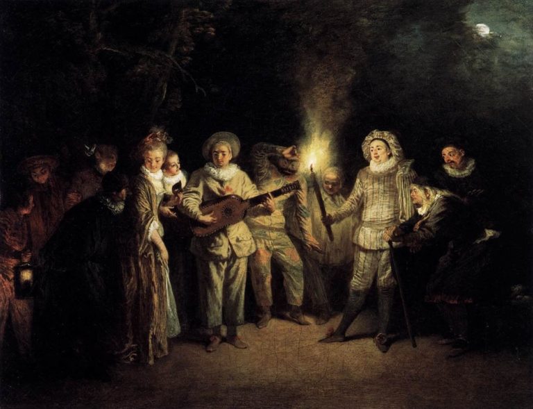 Clair de Lune de Paul Verlaine dans Fêtes Galantes - Peinture de Watteau - Les comédiens italiens - 1716