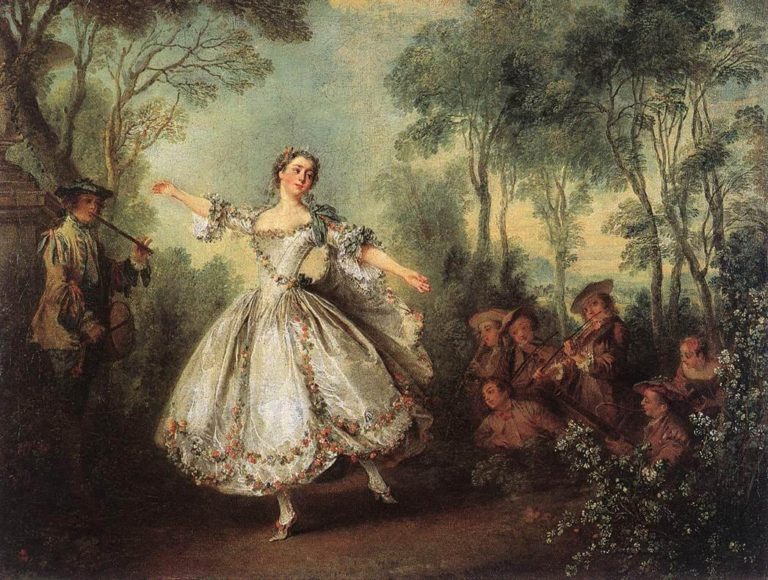 Dans La Grotte de Paul Verlaine dans Fêtes Galantes - Peinture de Nicolas Lancret - Mademoiselle de Camargo dansant - 1730