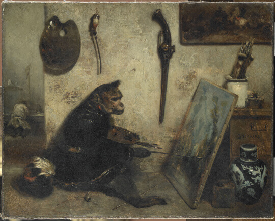 Fable ou Histoire de Victor Hugo dans Les Châtiments - Peinture de Alexandre Gabriel Decamps - Le Singe peintre, dit intérieur d'atelier - 1888