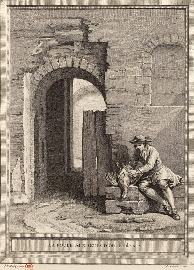 La Poule Aux Œufs d’Or de Jean de La Fontaine dans Les Fables - Gravure par Pierre Chenu d'après un dessin de Jean-Baptiste Oudry - 1759