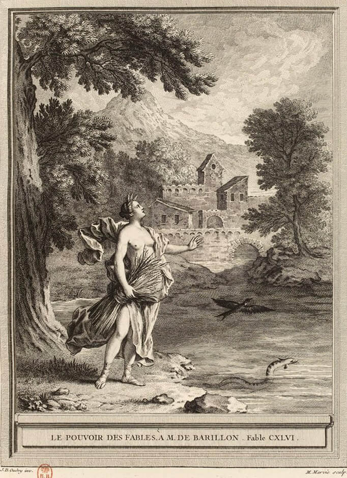 Le Pouvoir Des Fables de Jean de La Fontaine dans Les Fables - Gravure par Martin Marvie d'après un dessin de Jean-Baptiste Oudry - 1759