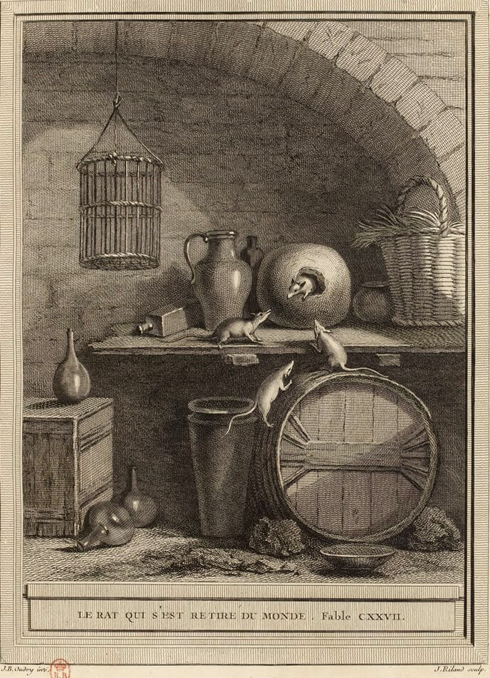 Le Rat Qui s’Est Retiré Du Monde de Jean de La Fontaine dans Les Fables - Gravure par Ryland d'après un dessin de Jean-Baptiste Oudry - 1759