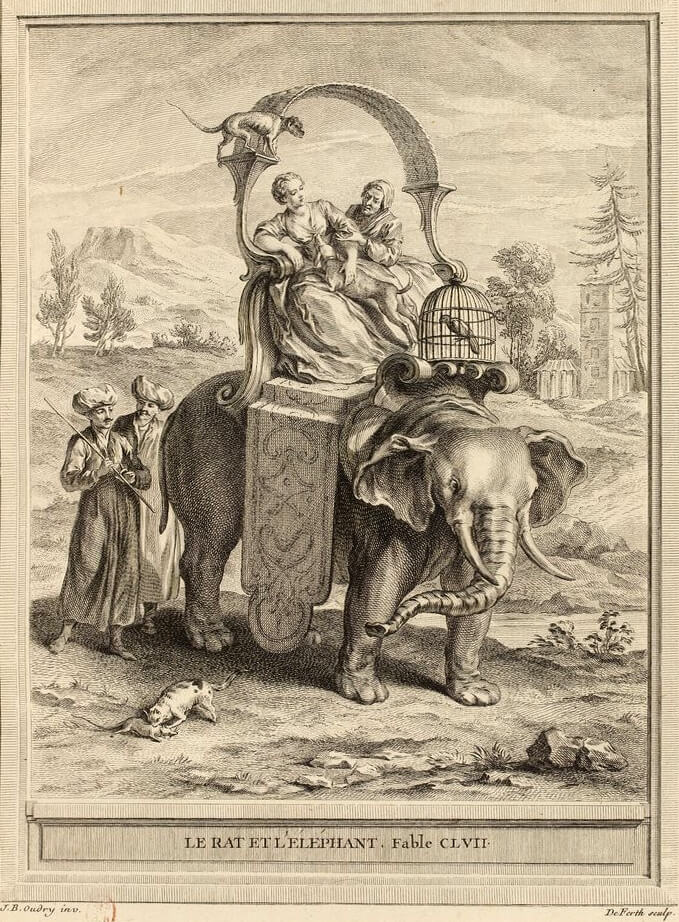 Le Rat et l’Éléphant de Jean de La Fontaine dans Les Fables - Gravure par A-J. de Fehrt d'après un dessin de Jean-Baptiste Oudry - 1759