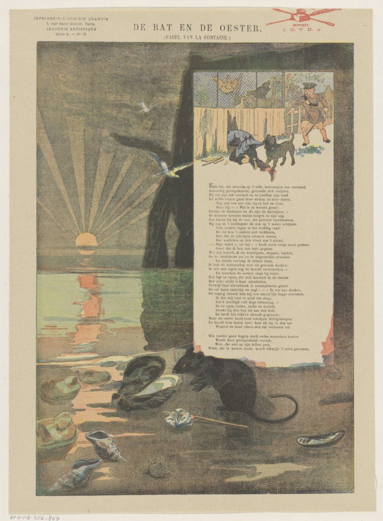 Le Rat et l’Huître de Jean de La Fontaine dans Les Fables - Illustration de Firmin Bouisset - Traduit en néerlandais - 1888