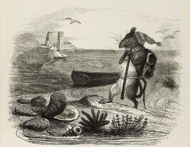 Le Rat et l’Huître de Jean de La Fontaine dans Les Fables - Illustration de Grandville - 1840