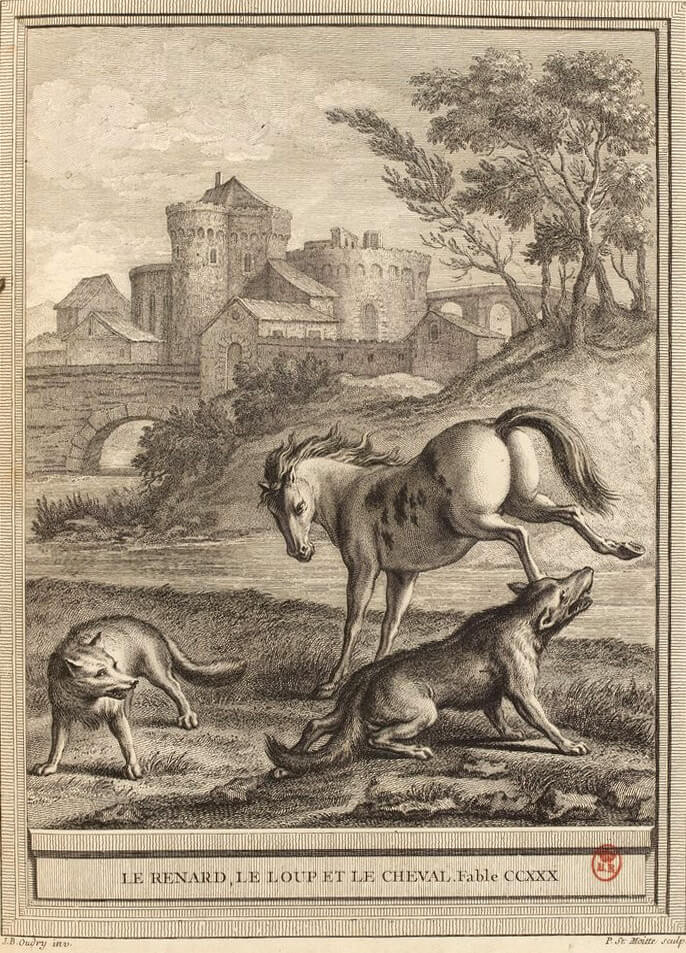 Le Renard, Le Loup et Le Cheval de Jean de La Fontaine dans Les Fables - Gravure par Pierre-Étienne Moitte d'après un dessin de Jean-Baptiste Oudry - 1759