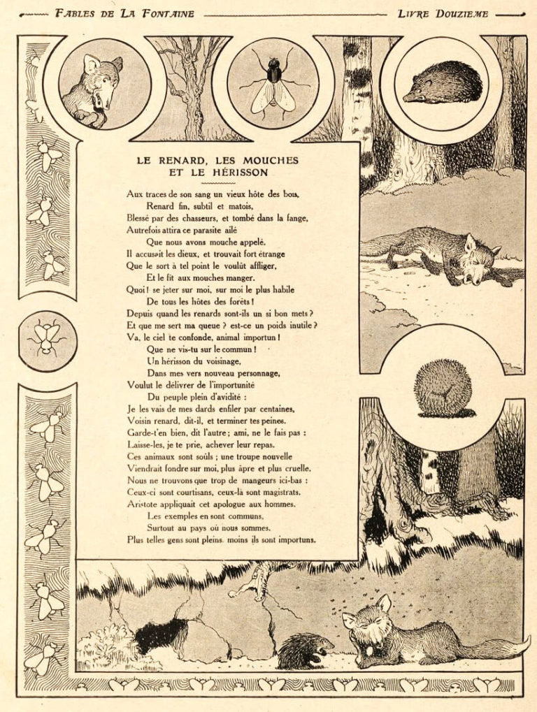 Le Renard, Les Mouches et Le Hérisson de Jean de La Fontaine dans Les Fables - Illustration de Benjamin Rabier - 1906