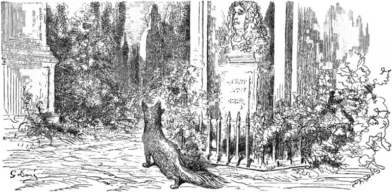 Le Renard et Le Buste de Jean de La Fontaine dans Les Fables - Gravure de Gustave Doré - 1876