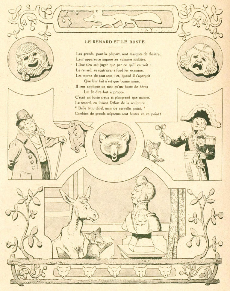 Le Renard et Le Buste de Jean de La Fontaine dans Les Fables - Illustration de Benjamin Rabier - 1906