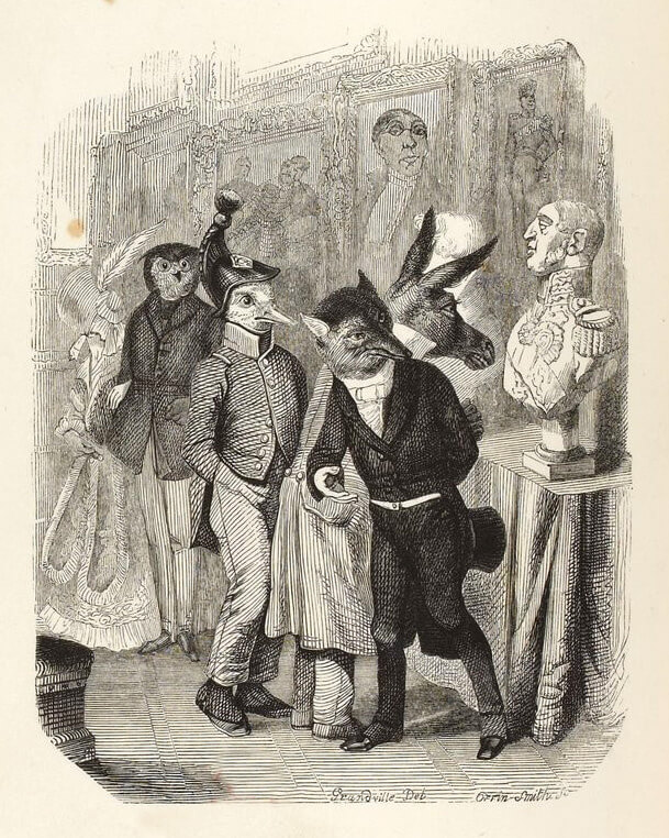 Le Renard et Le Buste de Jean de La Fontaine dans Les Fables - Illustration de Grandville - 1840