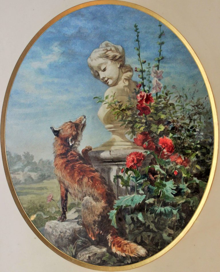 Le Renard et Le Buste de Jean de La Fontaine dans Les Fables - Peinture de Victor Bachereau - Aquarelle et gouache - 1870