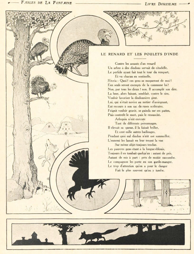 Le Renard et Les Poulets d'Inde de Jean de La Fontaine dans Les Fables - Illustration de Benjamin Rabier - 1906