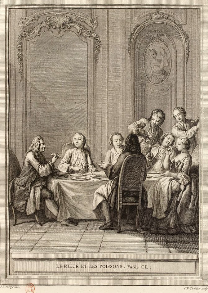 Le Rieur et Les Poissons de Jean de La Fontaine dans Les Fables - Gravure par Pierre François Tardieu d'après un dessin de Jean-Baptiste Oudry - 1759