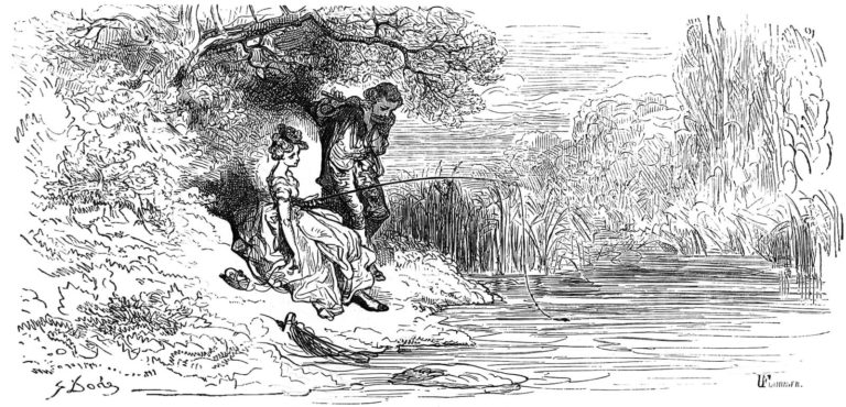 Les Poissons et Le Berger Qui Joue De La Flûte de Jean de La Fontaine dans Les Fables - Gravure de Gustave Doré - 1876