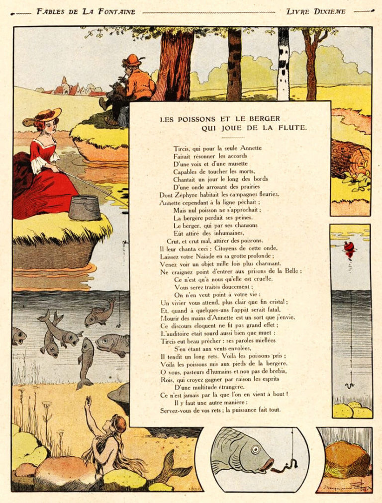 Les Poissons et Le Berger Qui Joue De La Flûte de Jean de La Fontaine dans Les Fables - Illustration de Benjamin Rabier - 1906