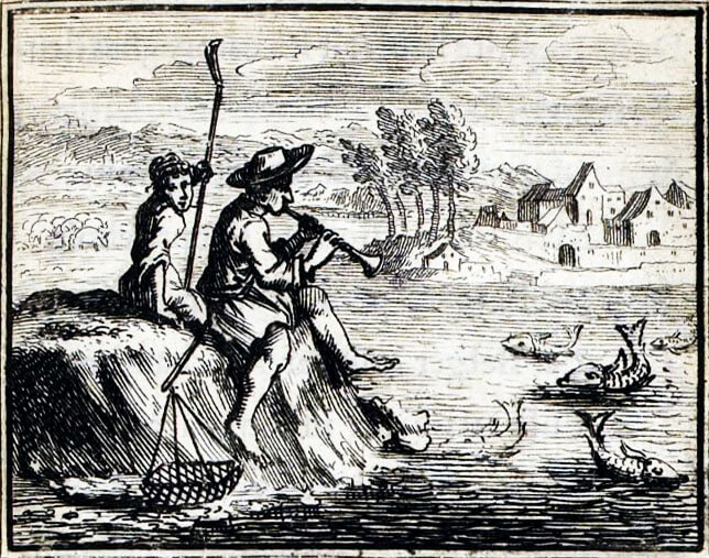 Les Poissons et Le Berger Qui Joue De La Flûte de Jean de La Fontaine dans Les Fables - Illustration de François Chauveau - 1688