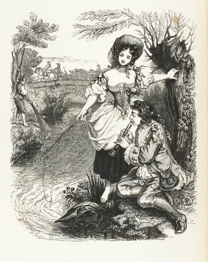 Les Poissons et Le Berger Qui Joue De La Flûte de Jean de La Fontaine dans Les Fables - Illustration de Grandville - 1840