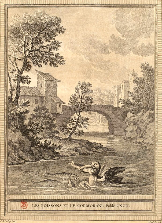 Les Poissons et Le Cormoran de Jean de La Fontaine dans Les Fables - Gravure par Pierre Quentin Chedel d'après un dessin de Jean-Baptiste Oudry - 1759