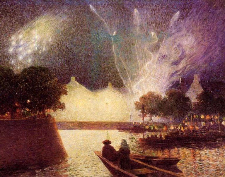 Métropolitain de Arthur Rimbaud dans Les Illuminations - Peinture de Ferdinand du Puigaudeau - Feux d'artifice sur le port - 1890