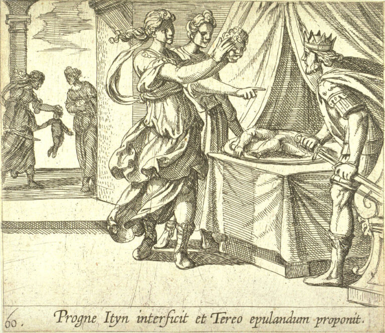 Philomèle et Progné de Jean de La Fontaine dans Les Fables - Gravure de Antonio Tempesta - Philomène et Procné montrent la tête d'Itys à Térée - XVIIe siècle