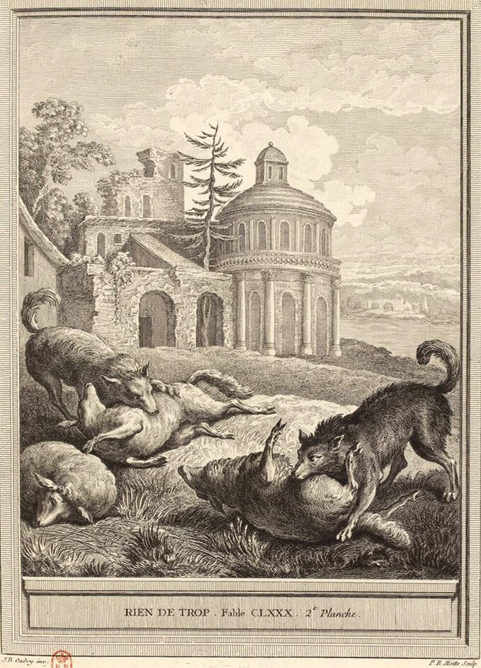 Rien De Trop de Jean de La Fontaine dans Les Fables - Gravure par Pierre-Étienne Moitte d'après un dessin de Jean-Baptiste Oudry - 2ème planche - 1759