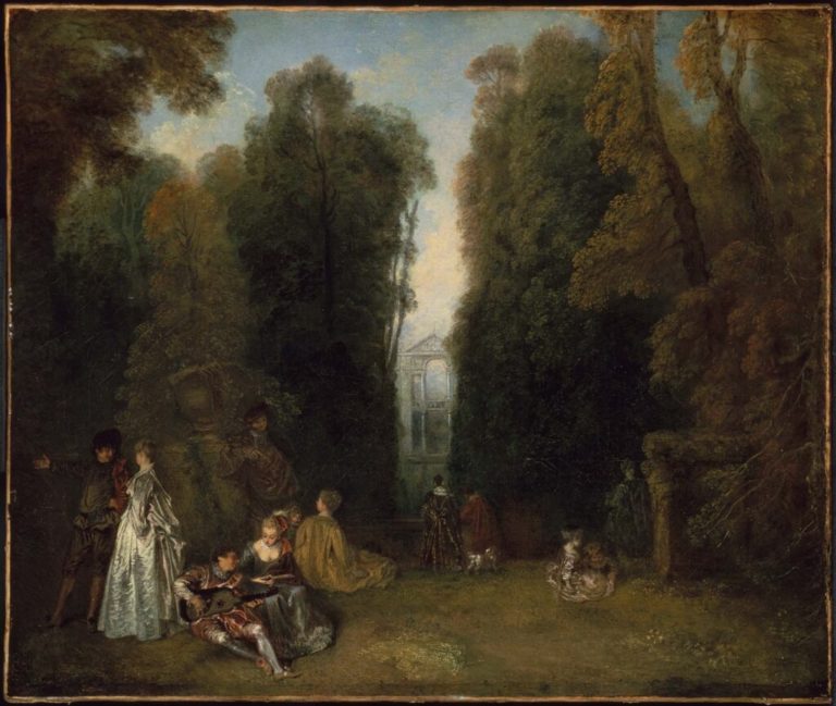 Sur l’Herbe de Paul Verlaine dans Fêtes Galantes - Peinture de Antoine Watteau - La perspective - 1715