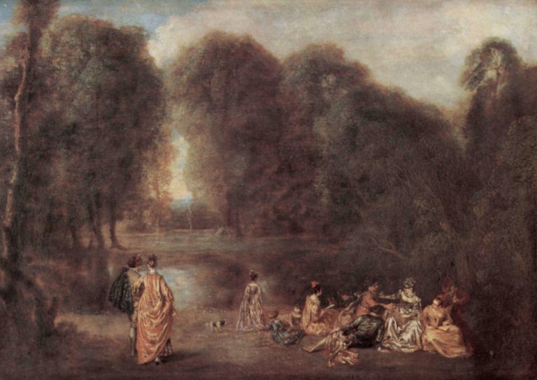 Cythère de Paul Verlaine dans Fêtes Galantes - Peinture de Antoine Watteau - L'assemblée dans un parc - 1717