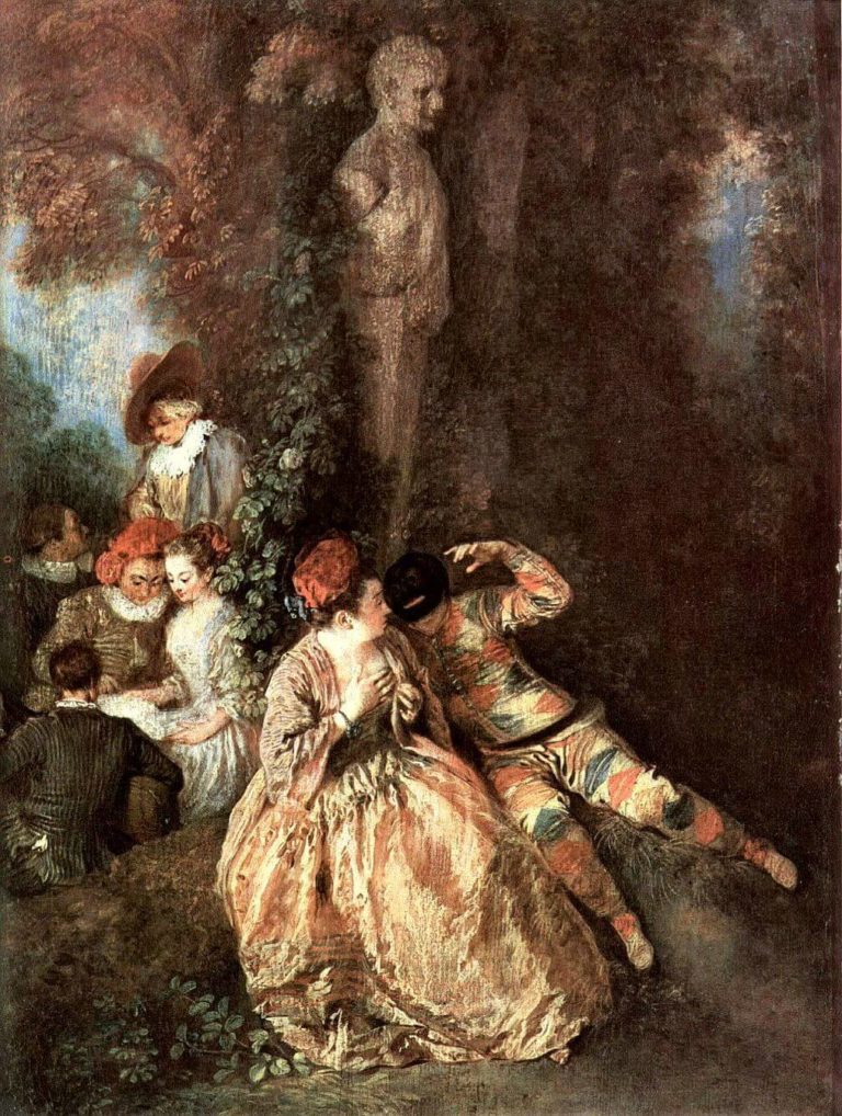 Fantoches de Paul Verlaine dans Fêtes Galantes - Peinture de Antoine Watteau - Arlequin et Colombine - 1716