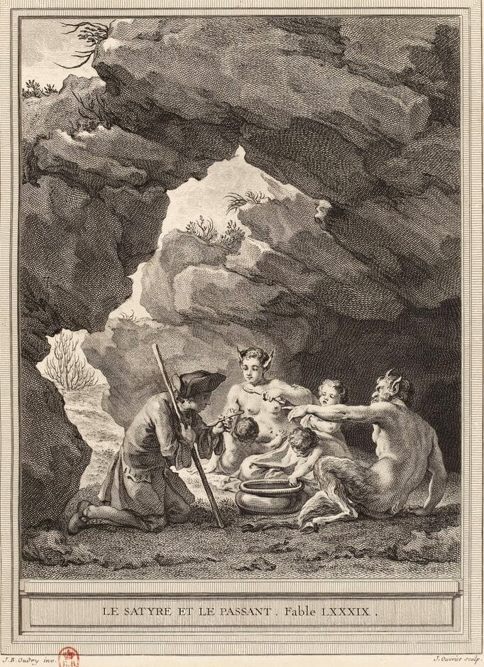 Le Satyre et Le Passant de Jean de La Fontaine dans Les Fables - Gravure par Jean Ouvrier d'après un dessin de Jean-Baptiste Oudry - 1759