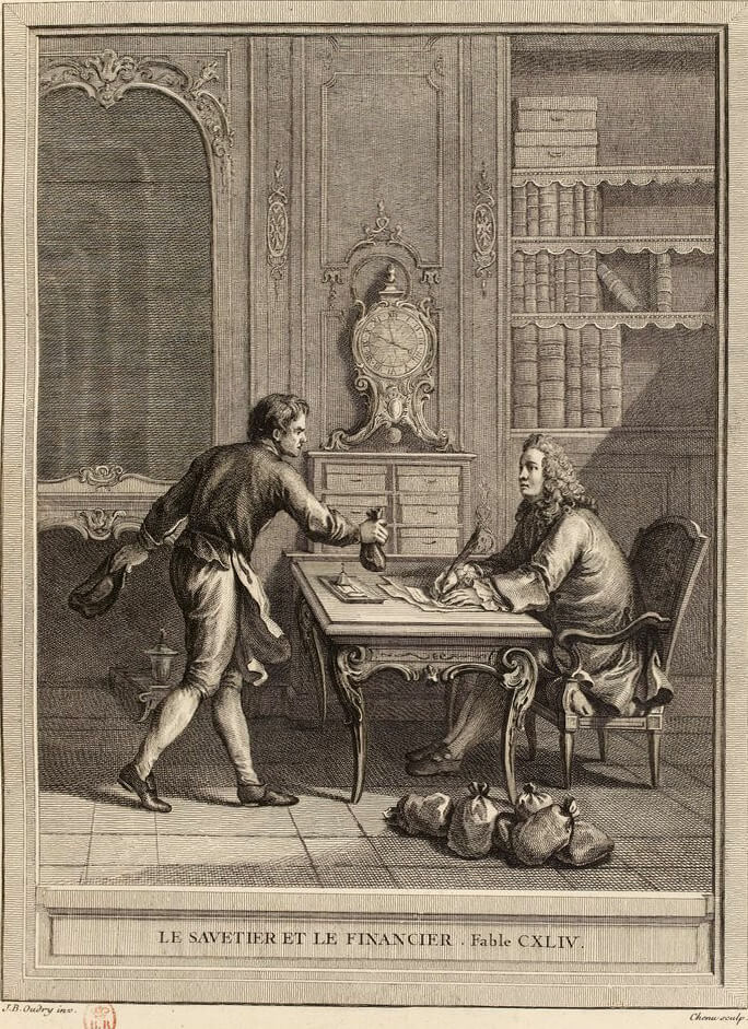 Le Savetier et Le Financier de Jean de La Fontaine dans Les Fables - Gravure par Pierre Chenu d'après un dessin de Jean-Baptiste Oudry - 1759