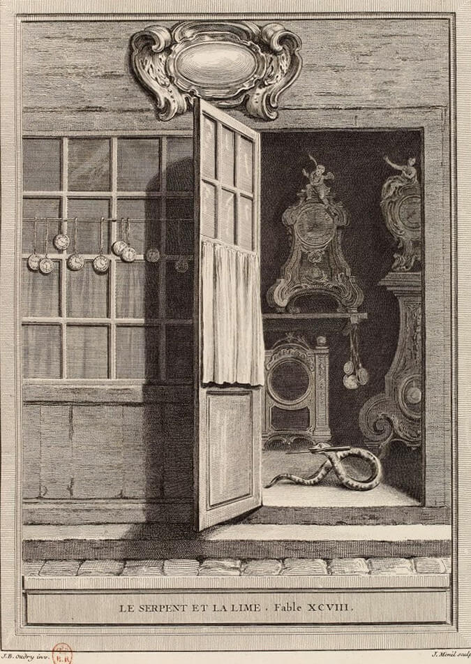 Le Serpent et La Lime de Jean de La Fontaine dans Les Fables - Gravure par Jacques Ménil d'après un dessin de Jean-Baptiste Oudry - 1759
