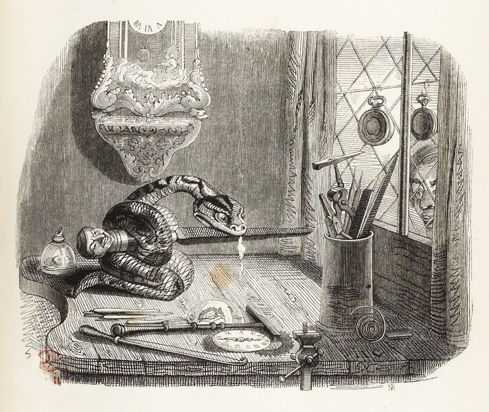 Le Serpent et La Lime de Jean de La Fontaine dans Les Fables - Illustration de Grandville - 1840