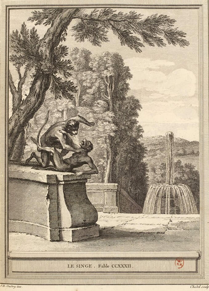 Le Singe de Jean de La Fontaine dans Les Fables - Gravure par Pierre Quentin Chedel d'après un dessin de Jean-Baptiste Oudry - 1759