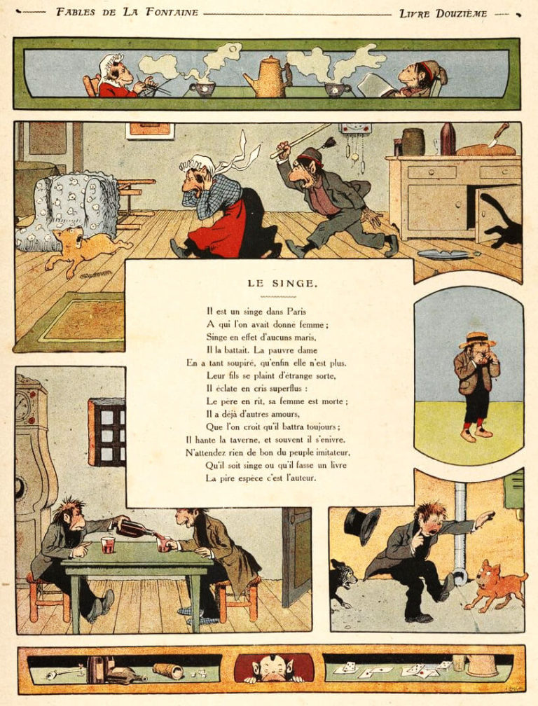 Le Singe de Jean de La Fontaine dans Les Fables - Illustration de Benjamin Rabier - 1906