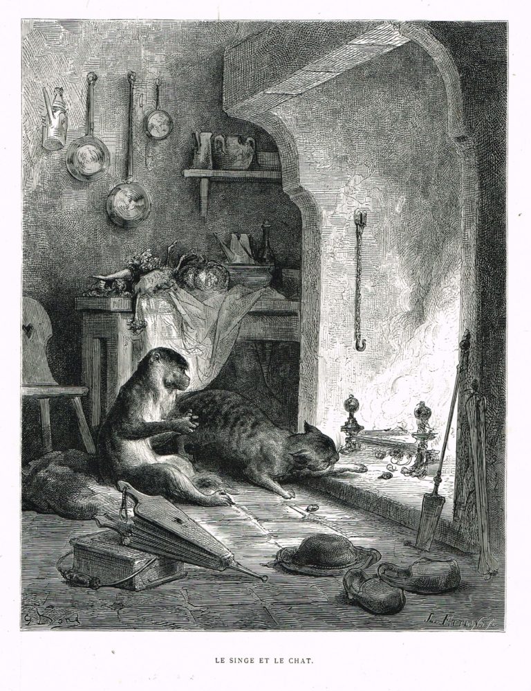 Le Singe et Le Chat de Jean de La Fontaine dans Les Fables - Gravure de Gustave Doré - 1876