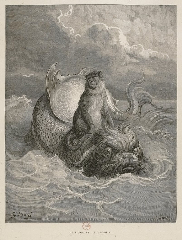 Le Singe et Le Dauphin de Jean de La Fontaine dans Les Fables - Illustration de Gustave Doré - BNF - 1876