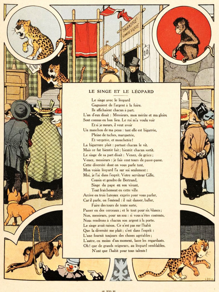 Le Singe et Le Léopard de Jean de La Fontaine dans Les Fables - Illustration de Benjamin Rabier - 1906