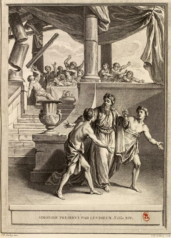 Simonide Préservé Par Les Dieux de Jean de La Fontaine dans Les Fables - Gravure par Charles-Nicolas Cochin d'après un dessin de Jean-Baptiste Oudry - 1759