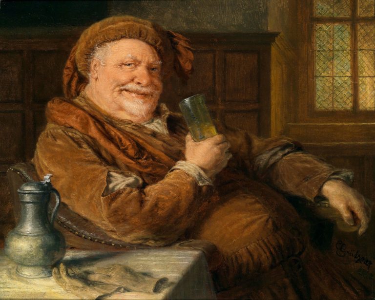 Splendeurs de Victor Hugo dans Les Châtiments - Peinture de Eduard von Grutzner - Falstaff, un verre de vin d'Espagne à la main - 1925